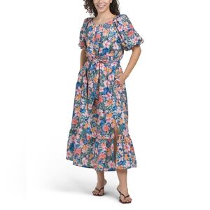 NWT - Melloday Blue Multi Floral Printed Puff Sleeve Woven Maxi Dress - Size L